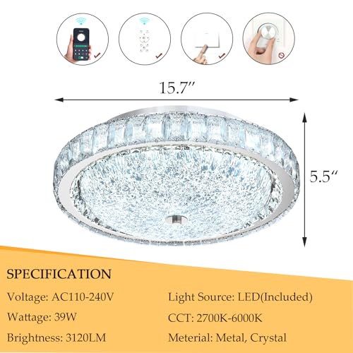 15.7" Modern Crystal Chandelier Dimmable LED Flush Mount Ceiling Light with Remote Control for Living Room Dining Room Bedroom Hallway Foyer Silver