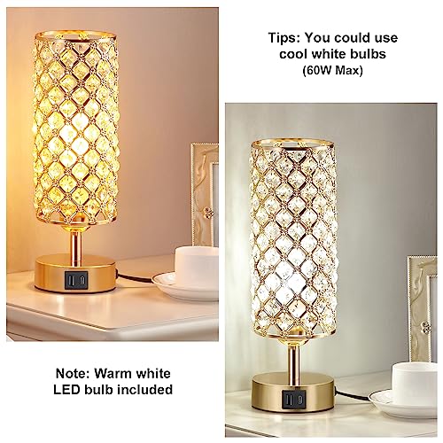 Gold Crystal Touch Lamp for Bedroom with USB