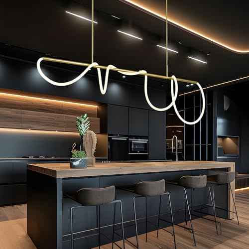 Gold Pendant Light Kitchen Island Lighting 70.86inch Dimmable Modern Dining Room Pendant Light Over Table 3-Color LED Ceiling Hanging Pendant Chandelier Light Fixture with Soft Silicone Lamp Strip