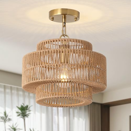 12.4" Boho Rattan Farmhouse Chandeliers for Dining Room