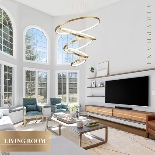 Modern LED Chandelier High Ceiling 5 Ring Gold Chandeliers Foyer Dimmable Ceiling Pendant Light Fixture Contemporary Flush Mount Chandelier for Staircase Living Room