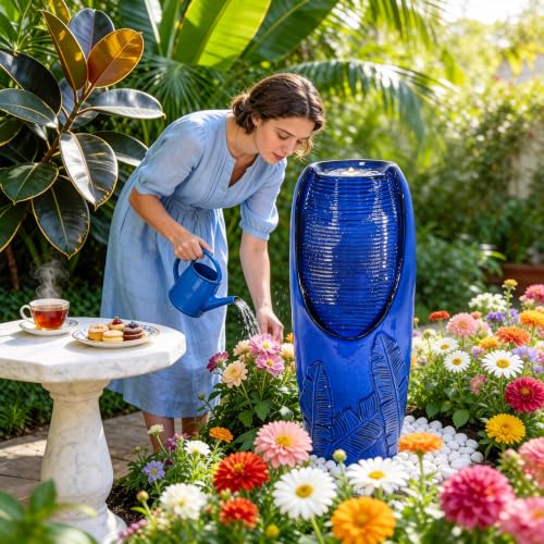 Autodaya 33" H Ceramic Jar Outdoor Water Fountain with Lights