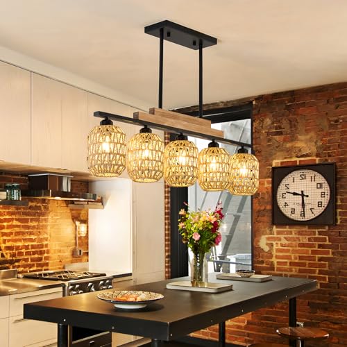Dining Room Light Fixture 5 Light Large Rattan Kitchen Island Lighting with Boho Wicker Shade Chandelier Farmhouse Hanging Pendant Light for Living Room Bar Restaurant Bedroom
