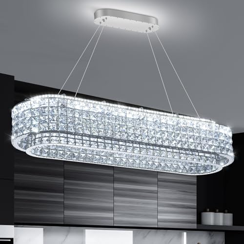 L40 x W12 Modern Chandeliers for Dining Room LED Dimmable Pendant Lighting Ceiling Chandelier Crystal Rectangle Light Fixtures Silver