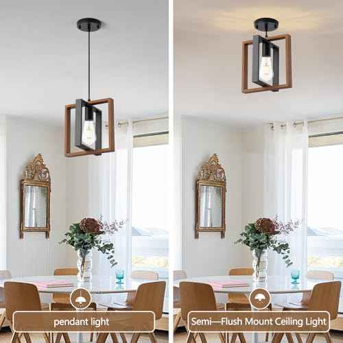 Industrial Small Pendant Lighting, Farmhouse Kitchen Island Hanging Lamp with Cord, Wood+Metal,1 Light E26 Fixture for Dining Room Bedroom Hallway Entryway,9.5 inch