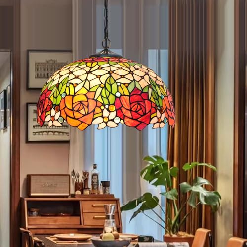 16 Inch Rose Tiffany Style Vintage Stained Glass Lamp Shade Replacement Only with Cap Fit for Bedside Reading Lamp Study Light Kitchen Dining Room Floor