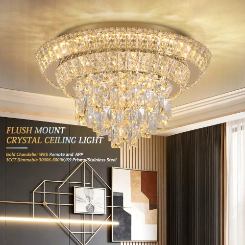 18" Gold Crystal Flush Mount Chandelier Modern LED Ceiling Light Fixture