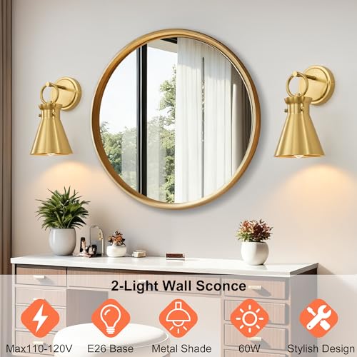Wall Sconces Set of 2 for Bathroom 6" Gold Metal Shade