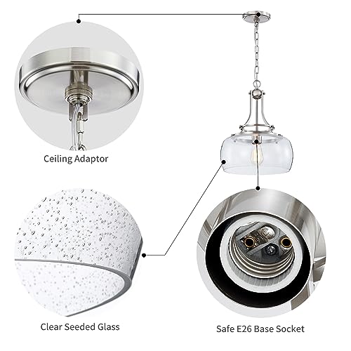 Chandelier Rustic Farmhouse Industrial Round Ceiling Pendant LED Light Fixture Clear Seeded Glass Shade for Dining Room Kitchen Island Foyer Entryway