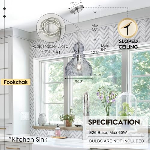 Hammered Glass Pendant Light Smoked Grey Kitchen Island Lights 10in Large Chrome Pendant Hanging Light for Dining Room Kitchen Sink Hallway Entrance