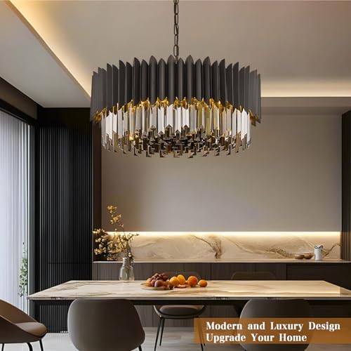 8 Light Large Crystal Chandeliers 24" Dining Room Light Fixture 5 Tiers Flush Mount Smoke Gray and Black Crystal Chandelier Round Pendant Light for Kitchen Living Room Entryway Foyer