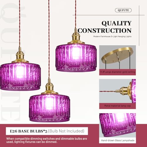 3 Light Glass Globe Chandelier Kitchen Island Mid Century Modern Ceiling Pendant Light Purple Striped Shade Gold Hanging Lights Fixture Multi Light Cluster Chandeliers Dining Room