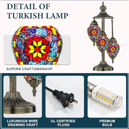 23" Turkish Mosaic Lamp Handmade 3 Globes Moroccan Table Lamp