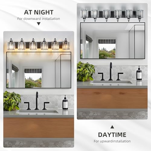 6 Light Black Bathroom Light Fixtures Over Mirror Modern Vanity Lights Crystal Wall Sconce Vintage Bathroom Lighting with Crystal Shade E26 Base for Bedroom