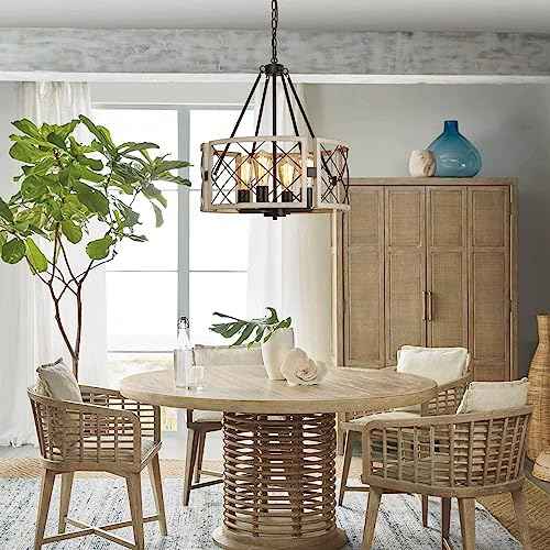 SANTOSTOCK D19'' Farmhouse Chandelier, 4-Light Adjustable Dining Room Light Fixture Kitchen Island Lighting, Rustic Hanging Lights for Entryway Foyer Bedroom Living Room, Black & White Oak