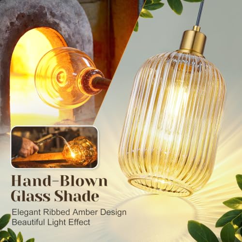 1 Pack Pendant Lights with Vintage Amber Ribbed Glass Lampshade