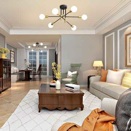 Modern Chandelier Ceiling Light Fixture, 6-Light Sputnik Dining Chandeliers 31.18"Gold&Black Chandelier Over Table, Mid Century Lights Fixture for Dining Room Living Room Kitchen Island(No Lampshade)