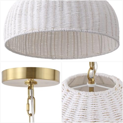 Eliza 20" Bohemian White & Brass Gold Woven Rattan Dome Pendant