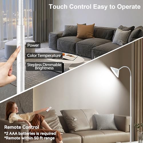 Floor Lamp 18W Upgraded Bright LED Floor Lamps for Living Room Bedroom with Gooseneck Stepless Dimming & Color 76inch Tall Standing Lamp with Remote & Touch Control Work with Smart Plug (White-76inch)