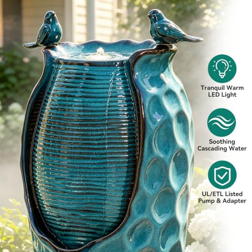 Autodaya 33" Vase Ceramic Outdoor Water Fountain with Lights and Birds