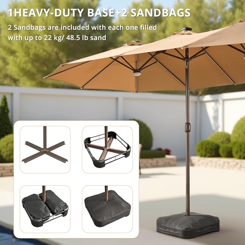 15ft Large Patio Umbrellas with Base & Solar Lights
