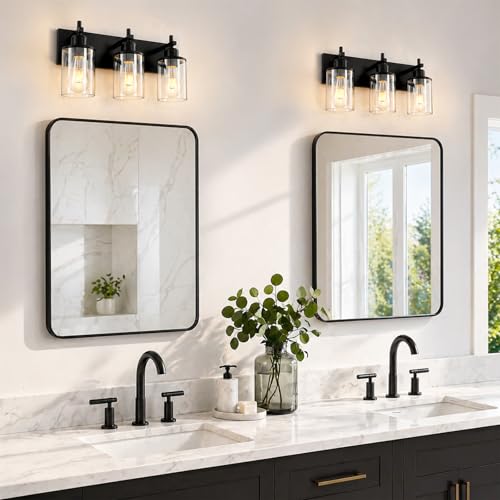 3 Light Black Bathroom Light Fixture Over Mirror Modern Farmhouse Bathroom Vanity Light Vintage Wall Lighting with Clear Glass Shade for Bathroom (3 Count)