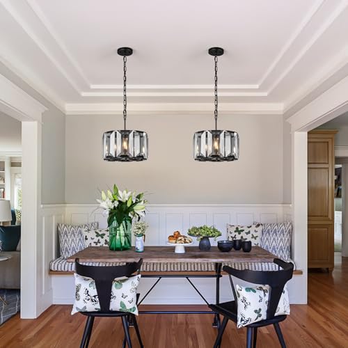 Black Modern Crystal Chandeliers Round Farmhouse Pendant Light Semi Flush Mount Ceiling Light Fixture for Bedroom Dining Room Kitchen Island Living Room Foyer Hallway