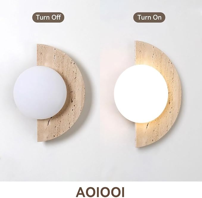 Natural Travertine Stone Wall Sconce, Half Moon LED Wall Light Fixture,Glass Globe and Pull Chain Switch Wall Lamp,Modern Minimalist Lunar Lamp for Bedroom Bedside,Living Room Accent Decor(Left)
