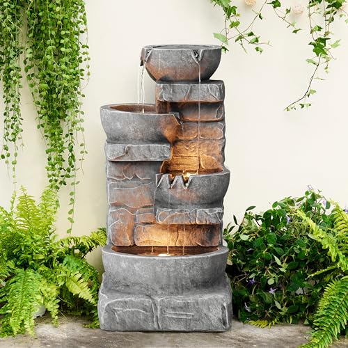 33.25 in. Cascading Bowls and Stacked Stones LED Outdoor Water Fountain for Gardens