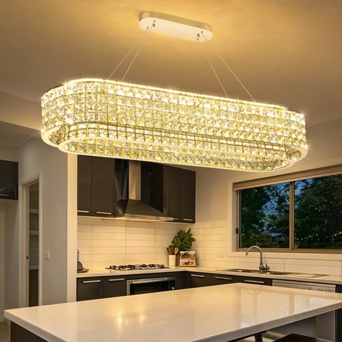 L40 x W12 Modern Chandeliers for Dining Room LED Dimmable Pendant Lighting Ceiling Chandelier Crystal Rectangle Light Fixtures Gold