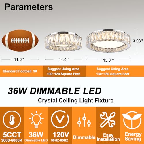 15 Inch Dimmable Modern Crystal LED Flush Mount Ceiling Light