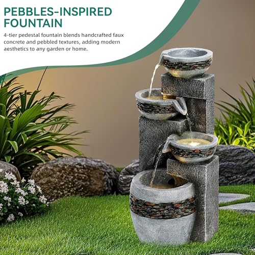 4 Tier Outdoor Water Fountain with Pebble Texture and LED Lights
