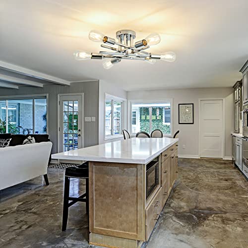 6 Lights Semi Flush Mount Ceiling Light Fixture Modern Chrome Matte Sputnik Chandelier Farmhouse Ceiling Lighting for Kitchen Bedroom Dining Room Living Room