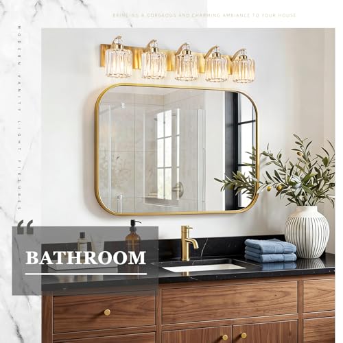 5 Lights Brushed Brass Bathroom Light Fixture Gold Vanity Lights Modern Crystal Bathroom Vanity Lighting Over Mirror Wall Sconce with K9 Crystal Shade E26 Base for Living Room