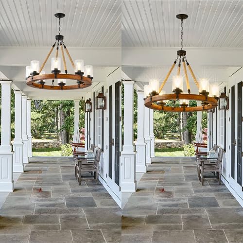 9 Light Round Wagon Wheel Chandelier Farmhouse Rustic Pendant Light Fixture with Seeded Glass Shades