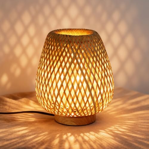 Boho Rattan Small Table Lamp with Double Layer Bamboo Woven Shade