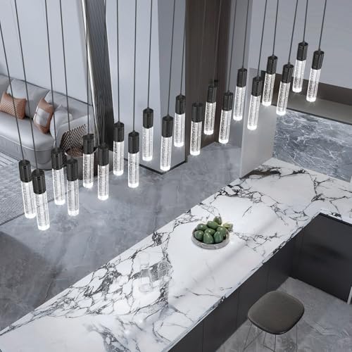 20 Lights Modern Crystal Rectangular Chandeliers LED Pendant Light for Kitchen Island High Ceiling Chandelier for Dining Room Entrance Foyer Living Room Black