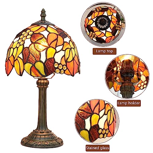 Tiffany Stained Glass Table Lamp Orange Grape Bedroom Bedside Reading Desk Light for Office Dormitory Bar Decorate Retro Style Unique Cute Accent Decor Cottage 8" Village Nightstand Lamps