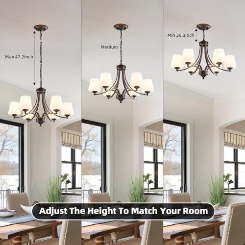 6 Light Farmhouse Chandeliers Black and Gold Dinner Room Light with Frosted Glass 47.2" Adjustable Pendant Ceilling Lighting Rustic Vintage Hanging Lamp for Kitchen Island Dining Table Living Room
