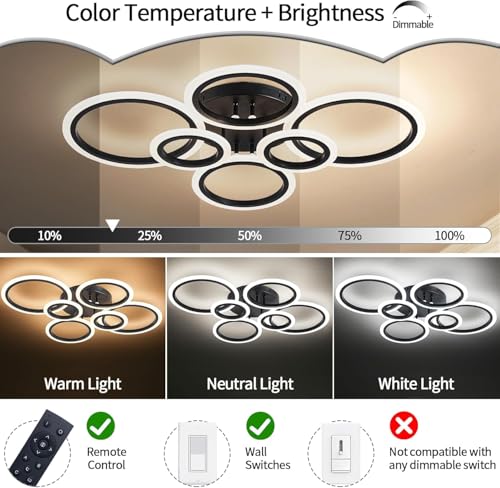 6 Rings Black Modern LED Ceiling Light Fixture