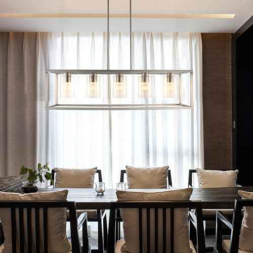 5 Light Chandeliers for Dining Room, Island Room Light Fixture | Sliver Modern Industrial Kitchen Lighting Fixtures Ceiling Easy Installation Pendant Lights for Bar Restaurant-E26 Socket