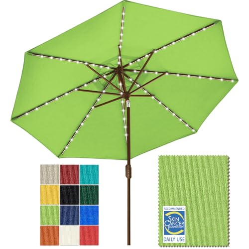 USA 10-Year-Non-Fading 9ft Market Patio Umbrella, Commercial Grade Table Sun Umbrella with 80 Solar LED Lights, Crank Open, Windproof & UPF 50+ UV Protection for Garden, Deck, Pool, Backyard, Macaw Green