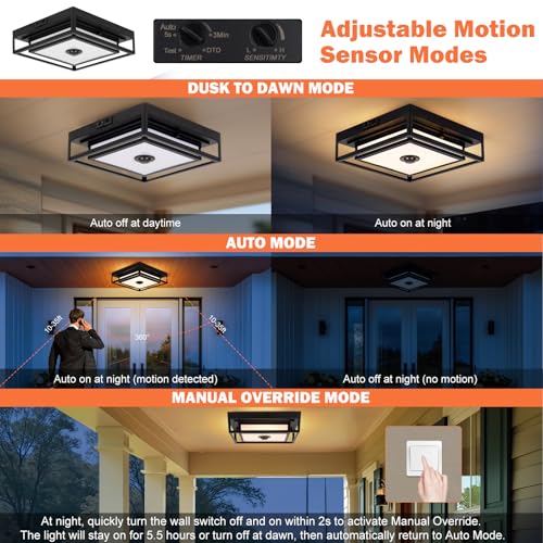 LED Motion Sensor Outdoor Ceiling Light Square Flush Mount Lighting 2 Pack (2 Count)