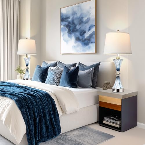 3 Way Dimmable Touch Glass Table Lamps for Bedrooms with 2 USB Ports Set of 2 Coastal Beach Bedside Lamps for Contemporary Modern Night Stand Lamps with 2 LED Bulbs for Lighting Decor (2 Count)