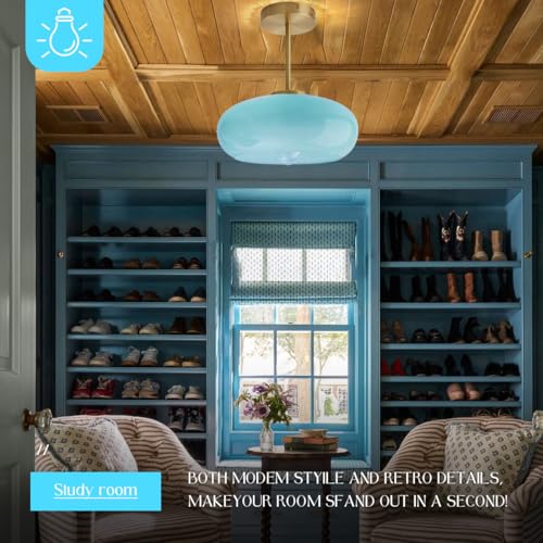 Semi Flush Mount Ceiling Light Blue Glass Ceiling Lights 11" Large Globe Shade Vintage Brushed Gold Brass Flush Mount Lamp Modern Close to Light Fixture for Hallway Bedroom Entrance
