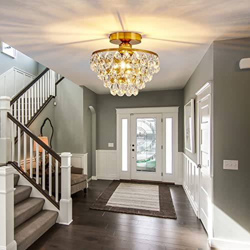 Modern E26 Small Crystal Chandelier Semi Flush Mount Ceiling Light Fixture Gold Ceiling Lamp for Hallway Bedroom Bathroom Closet Bedroom Foyer