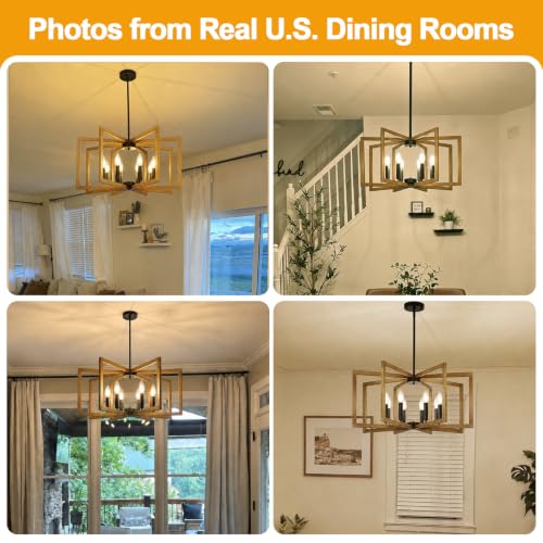 25" 61" Height Adjustable Retro Wood Texture Chandelier for Dining Room