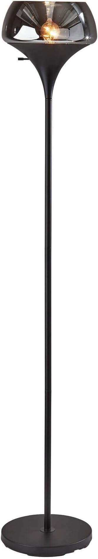 Adesso Black Torchiere Floor Lamp with Smoked Glass Dome Shade – 3-Way Adjustable Ambient Accent Lighting for Bedroom, Living Room or Home Office, 69.5” Tall