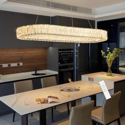 L40 x W16 Modern Oval Crystal Chandelier Glam Dimmable LED Crystal Ceiling Chandeliers for Dining Room Kitchen Island Chrome