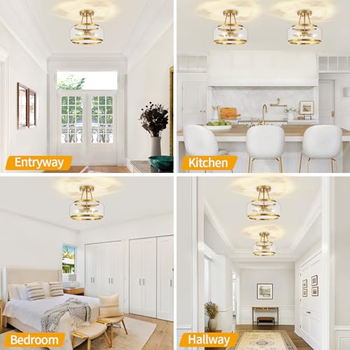 Gold Semi Flush Mount Ceiling Light Modern Glass Drum Ceiling Light Fixture